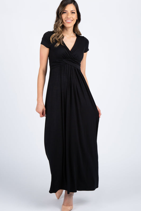 PinkBlush Black Draped Nursing Maxi Dress, full length front view, elegant and comfortable apparel for women.
