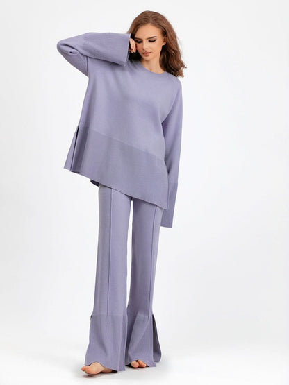 Basic Bae Slit Round Neck Long Sleeve Top and Drawstring Pants Sweater Set