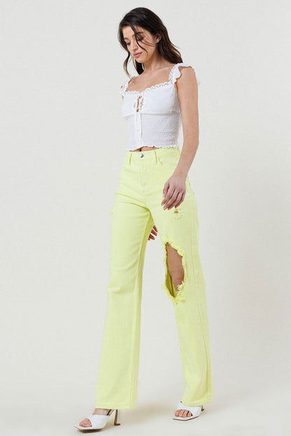 Vintage-inspired distressed wide-leg denim jeans