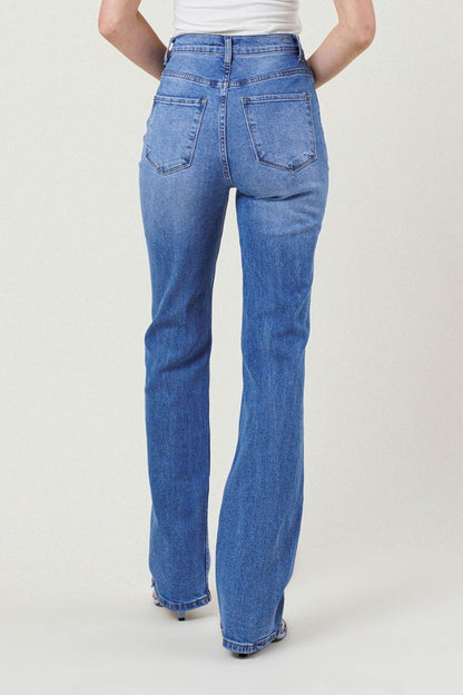 Trendy high-rise distressed straight jeans for a chic look