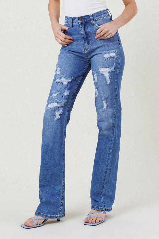 Trendy high-rise distressed straight jeans for a chic look