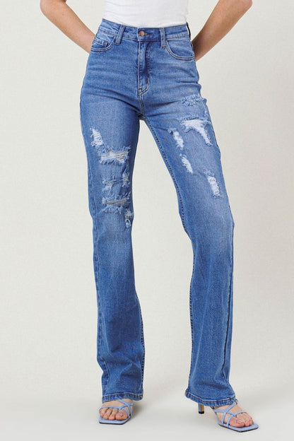 Trendy high-rise distressed straight jeans for a chic look