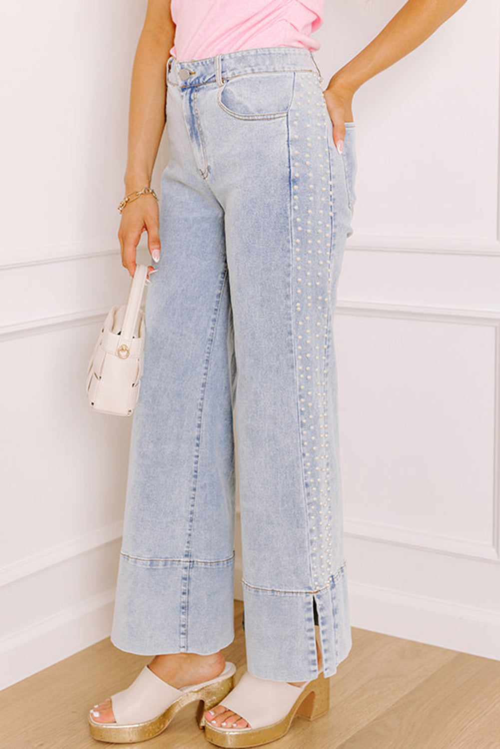 Beau Blue Mid Rise Pearl Embellished Split Wide Leg Jeans Dear-Lover Dropshipping