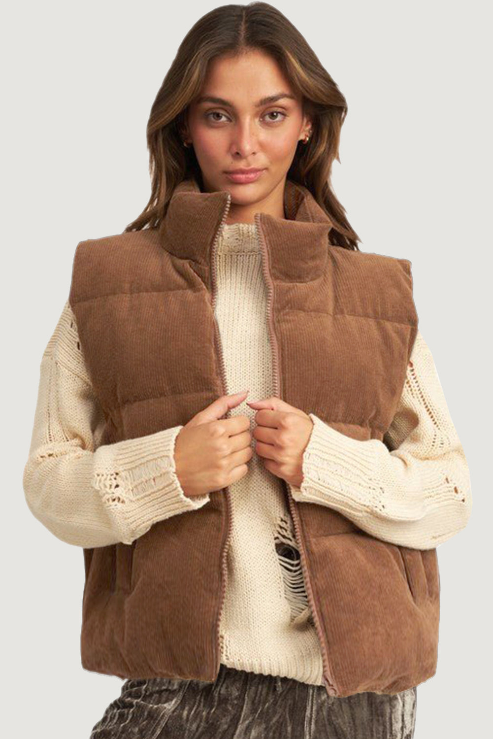 Cozy coffee corduroy puffer vest with stand neck and zipper closure