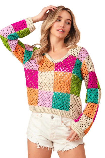 BiBi Multi Color Checkered Long Sleeve Knit Top.