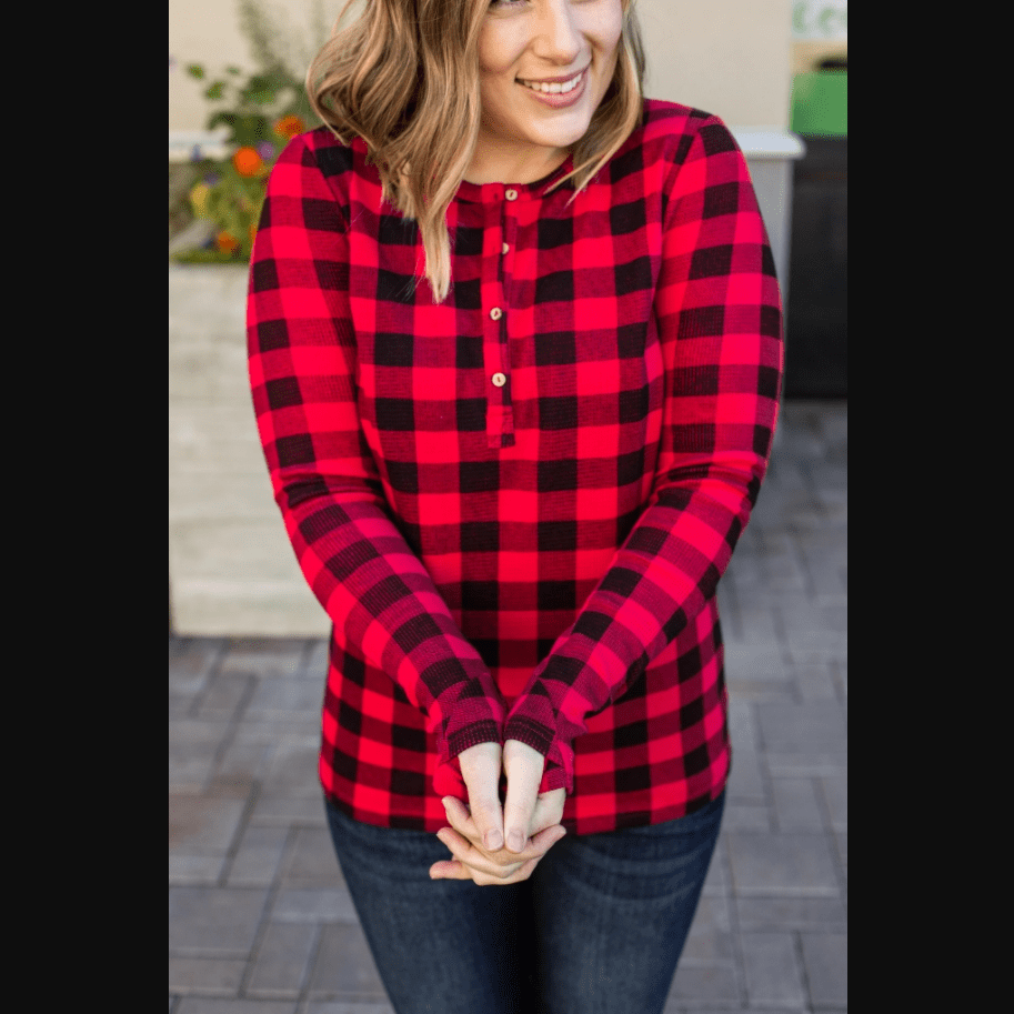 Buffalo Plaid Waffle Print Henley Shirt For Women Long Sleeve With Thumb Holes MM
