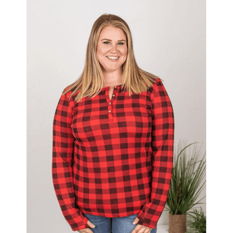 Buffalo Plaid Waffle Print Henley Shirt For Women Long Sleeve With Thumb Holes MM
