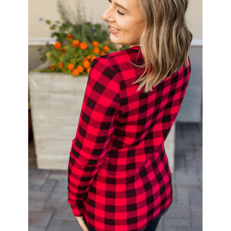 Buffalo Plaid Waffle Print Henley Shirt For Women Long Sleeve With Thumb Holes MM