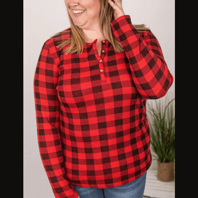 Buffalo Plaid Waffle Print Henley Shirt For Women Long Sleeve With Thumb Holes MM