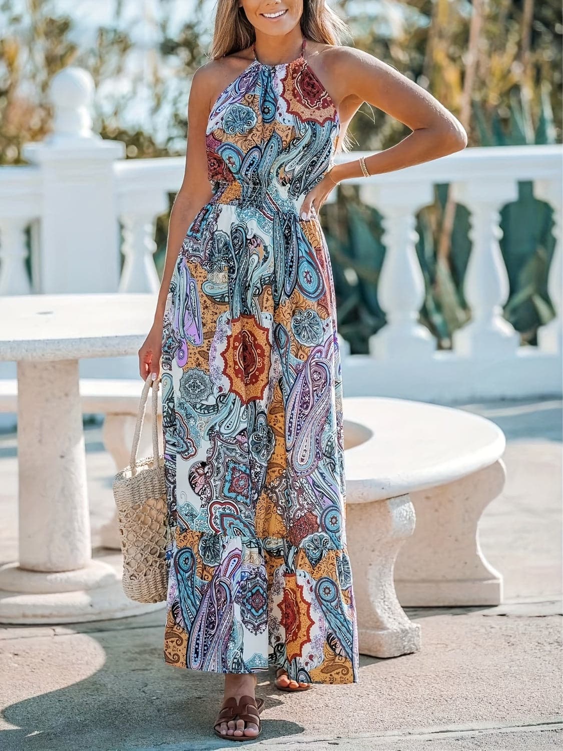 Printed Halter Neck Maxi Dress.