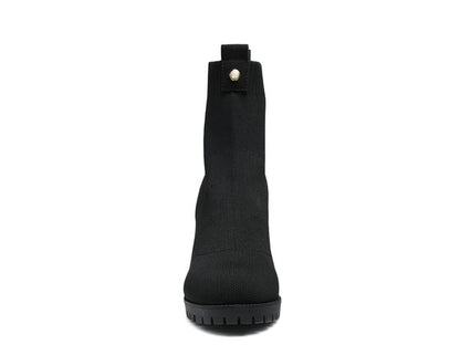 Chic black knitted block heel boots