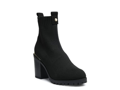 Chic black knitted block heel boots