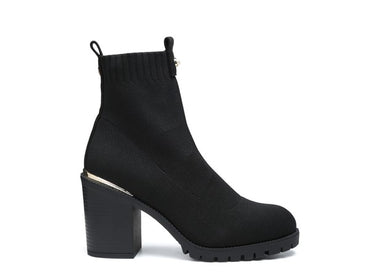 Chic black knitted block heel ankle boots with metallic accents