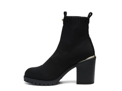 Chic black knitted block heel boots