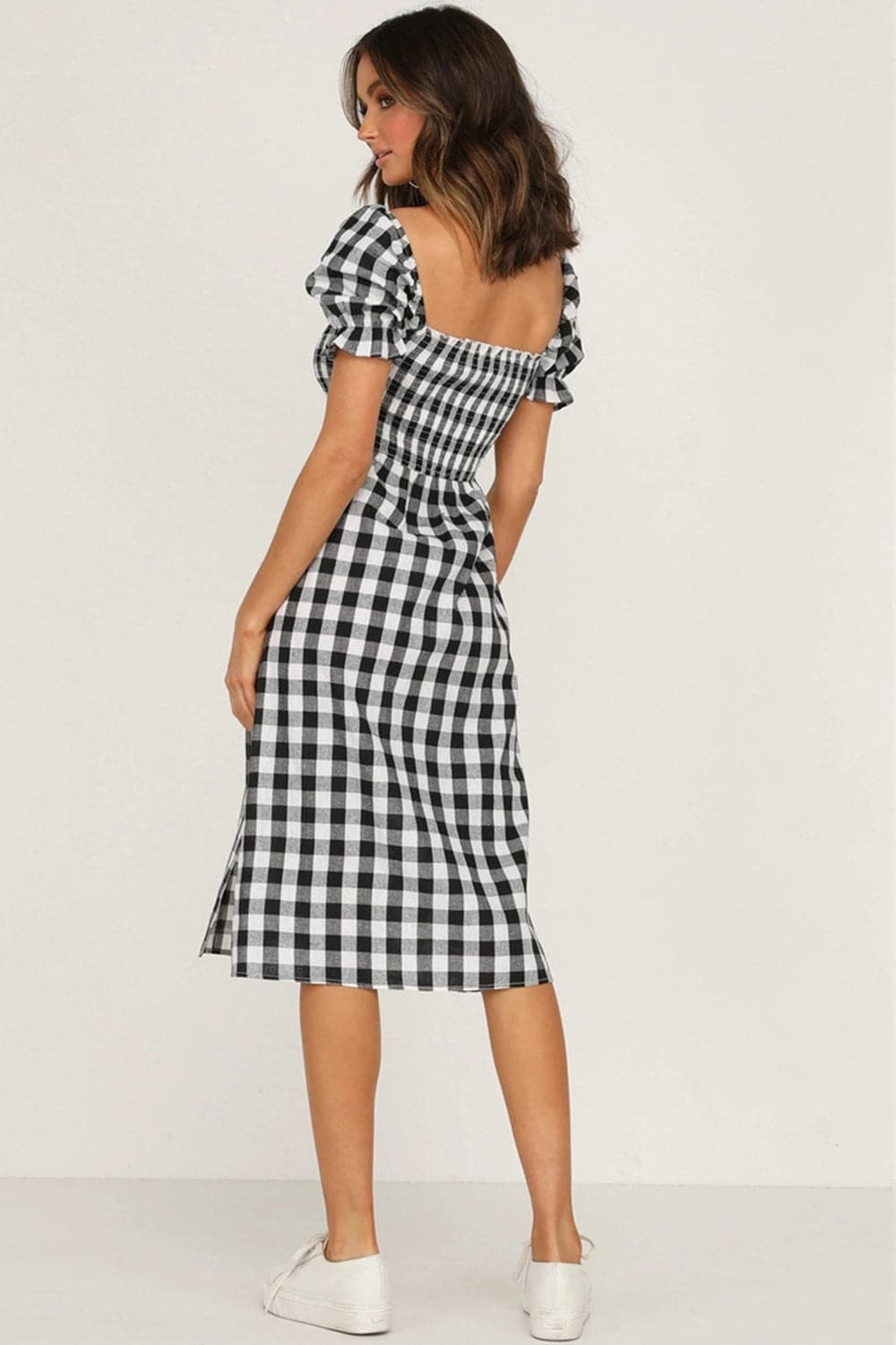 Full Size Slit Plaid Short Sleeve Midi Dress.