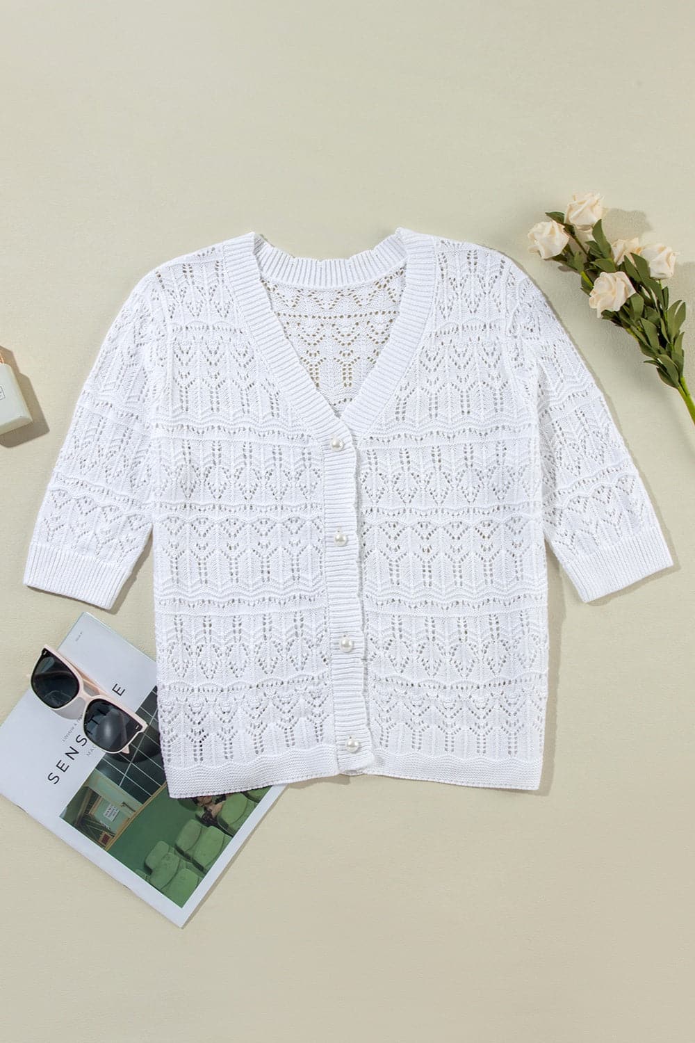 Openwork V-Neck Half Sleeve Cardigan.