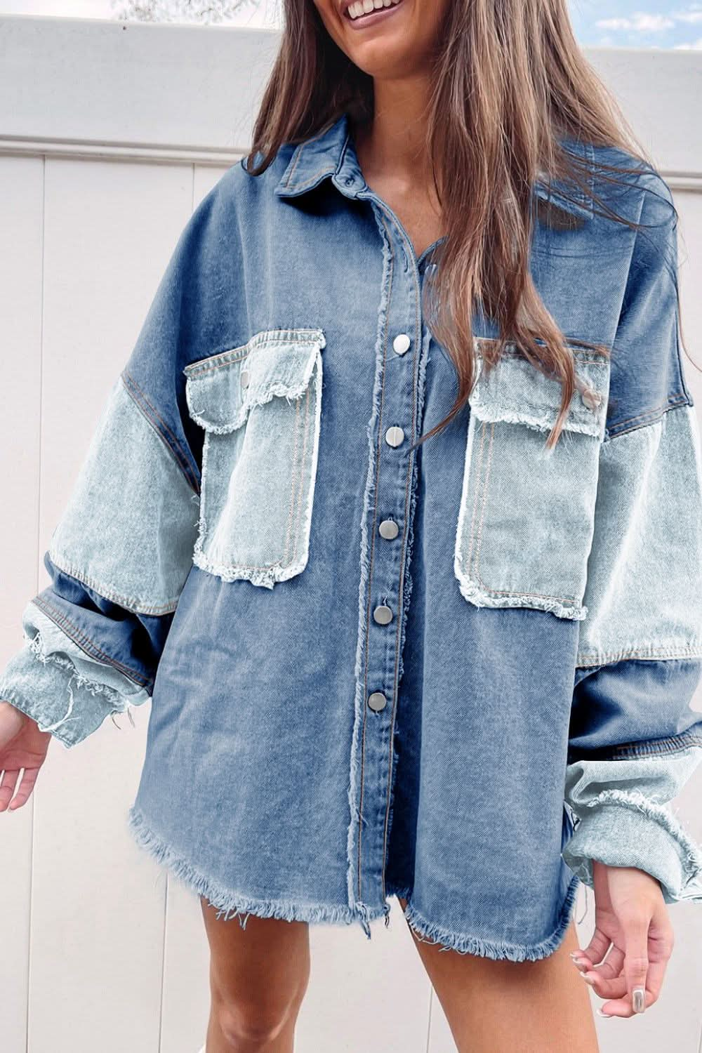 Raw hem color block denim jacket with pockets and no stretch.