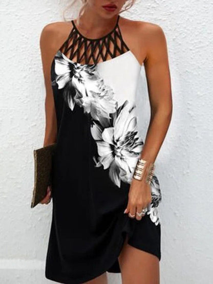 Printed Grecian Neck Mini Dress.