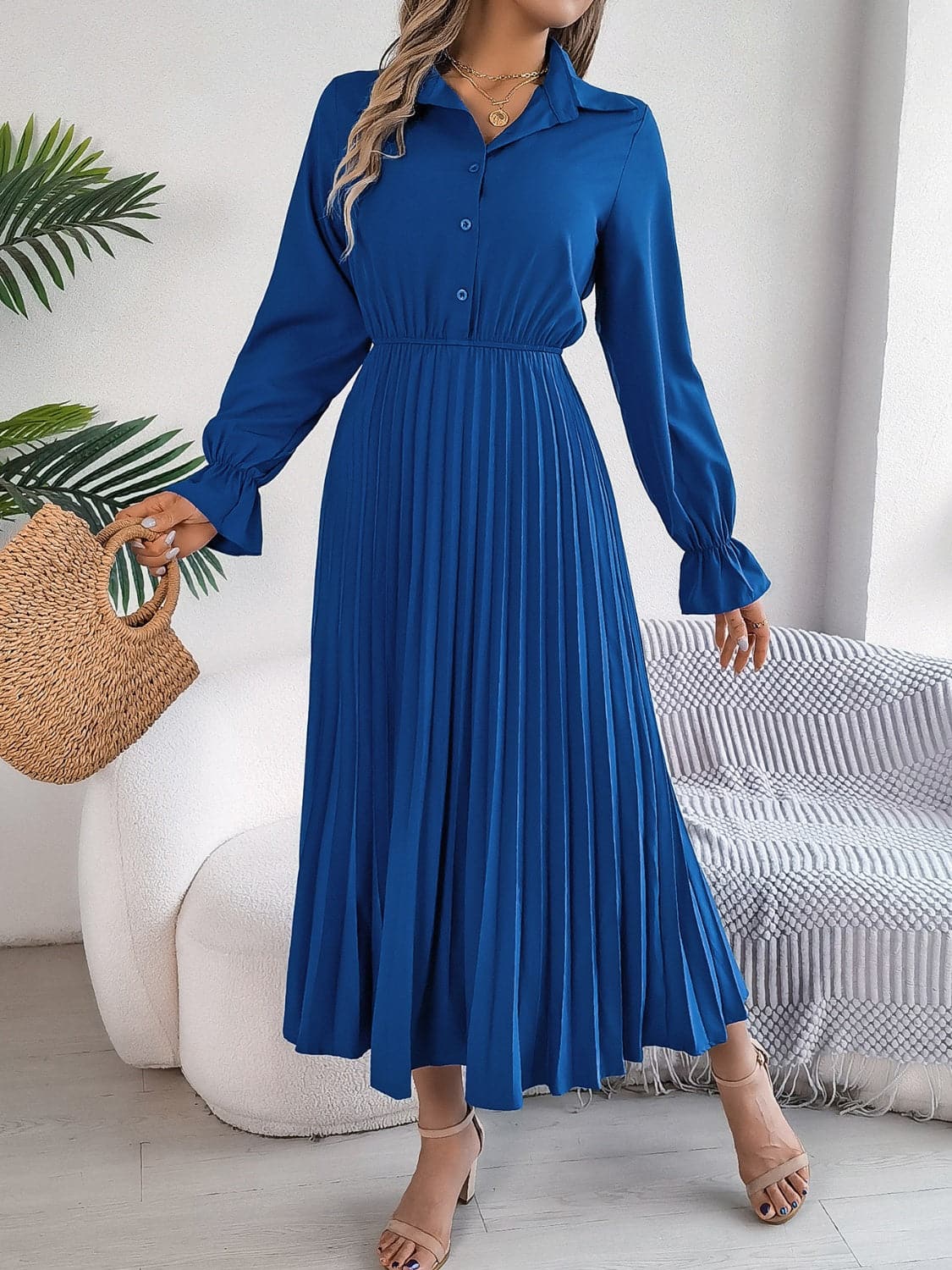 Pleated Half Button Long Sleeve Midi Dress.