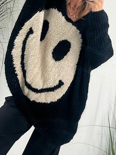 Charming v-neck long sleeve pullover with smiley design