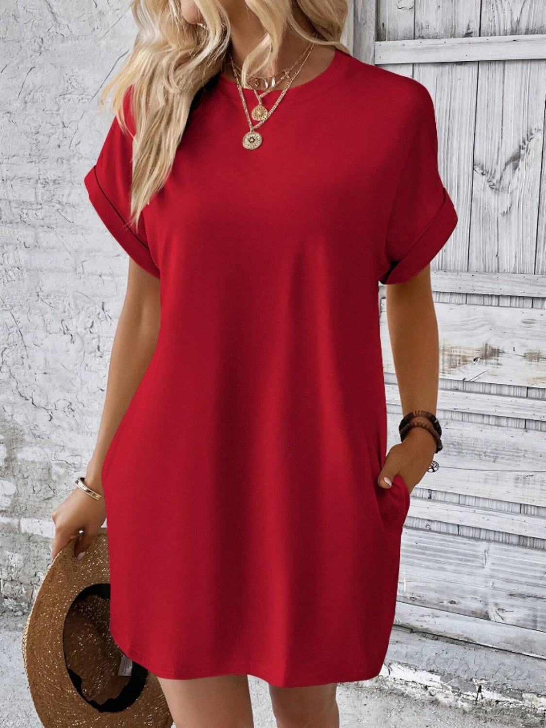 Pocketed Round Neck Short Sleeve Dress Coco’s Tee Boutique