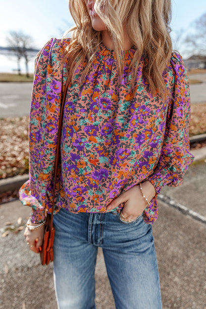 Charming purple floral frilled blouse with shirred cuffs