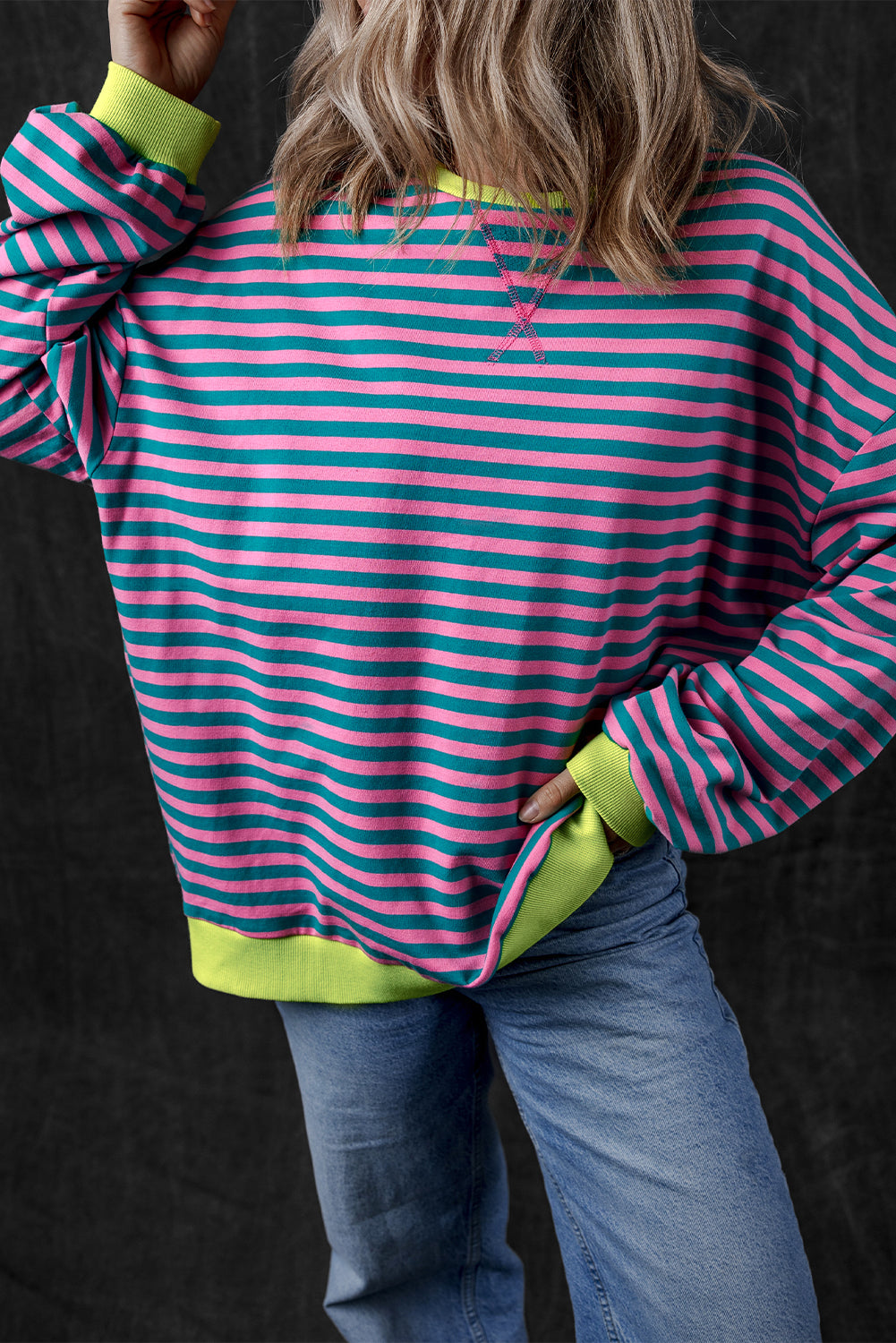 Trendy green striped oversized pullover with contrast detailing