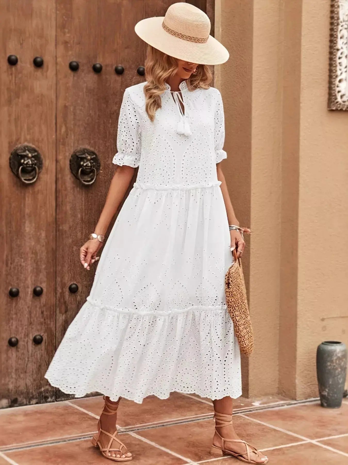Eyelet Tie Neck Half Sleeve Midi Dress Simply Love