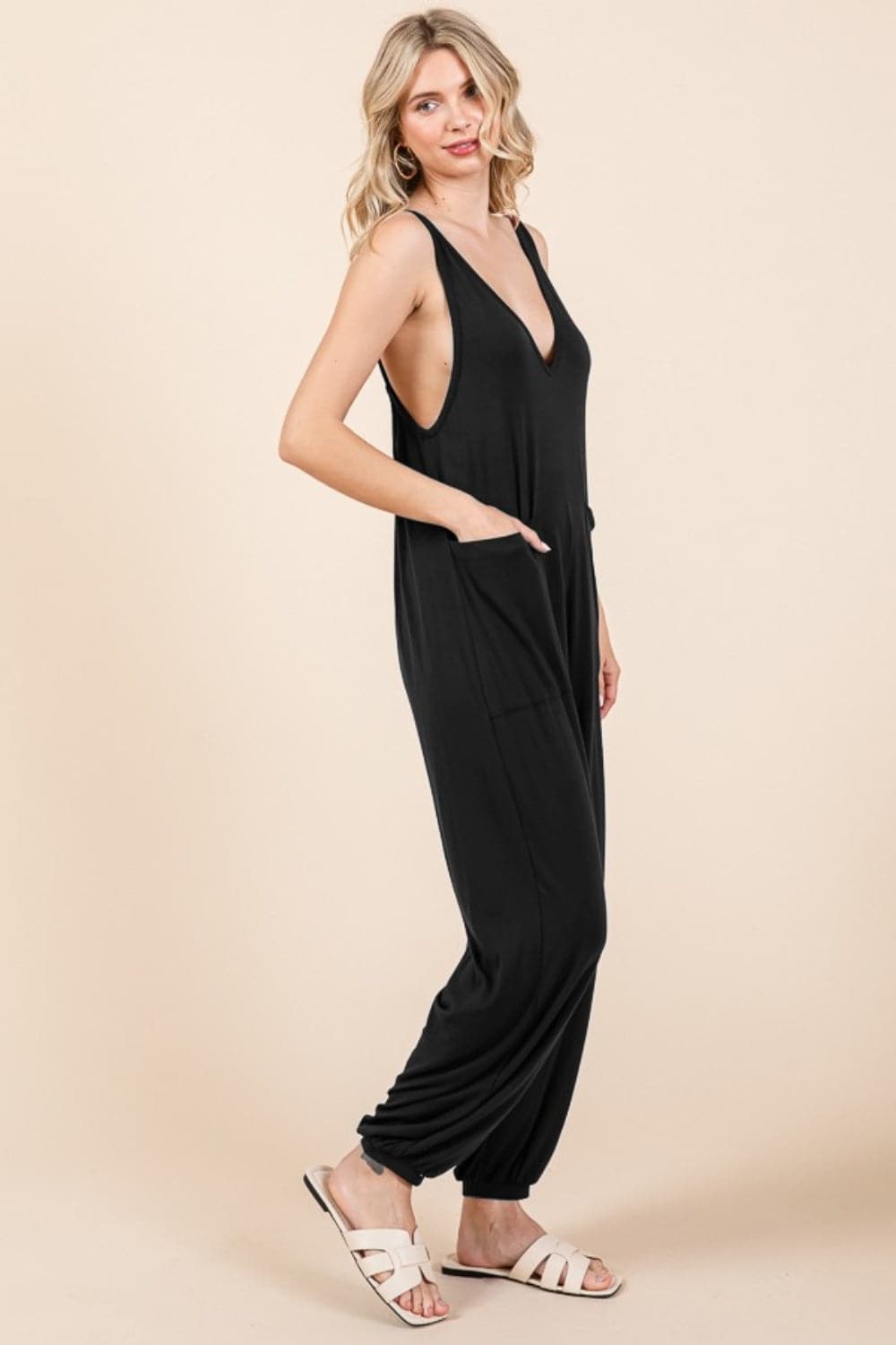 Culture Code Full Size Plunge Sleeveless Jumpsuit with Pockets.