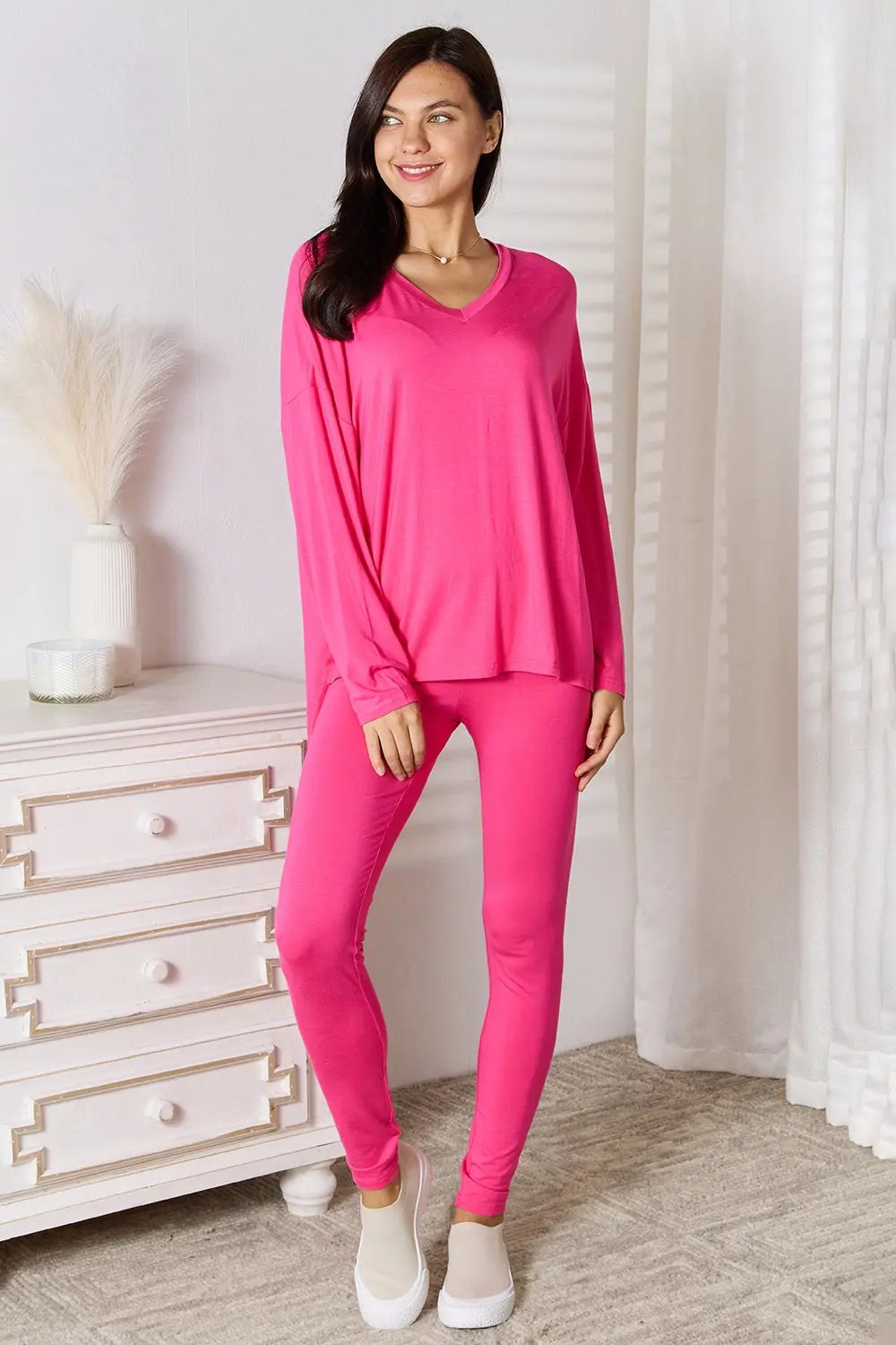Basic Bae Full Size V-Neck Soft Rayon Long Sleeve Top and Pants Lounge Set - Love Salve