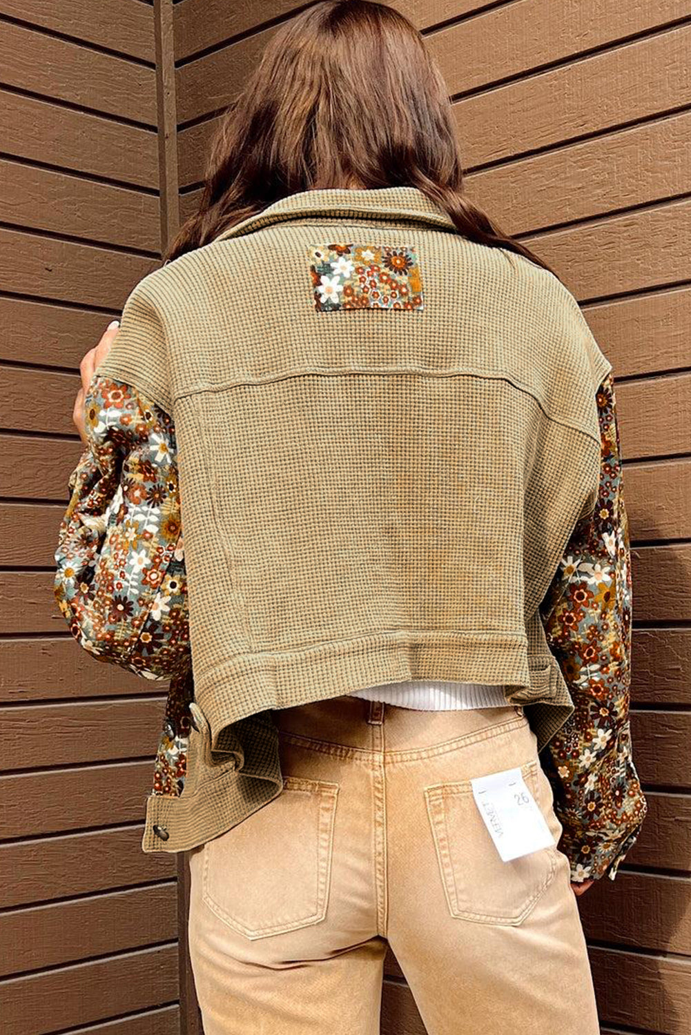 Khaki floral patchwork button-up jacket in cozy waffle knit