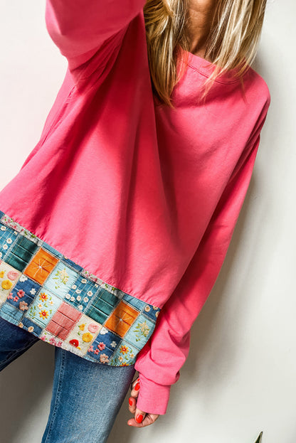 Strawberry Pink Floral Patchwork Hemline Round Neck Top