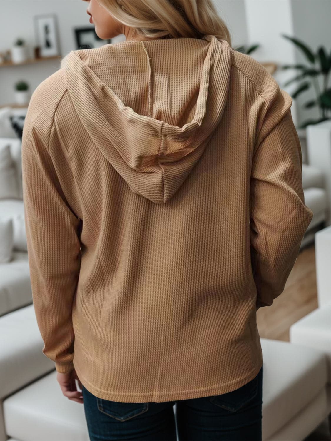 Waffle-Knit Drawstring Quarter Button Hoodie.