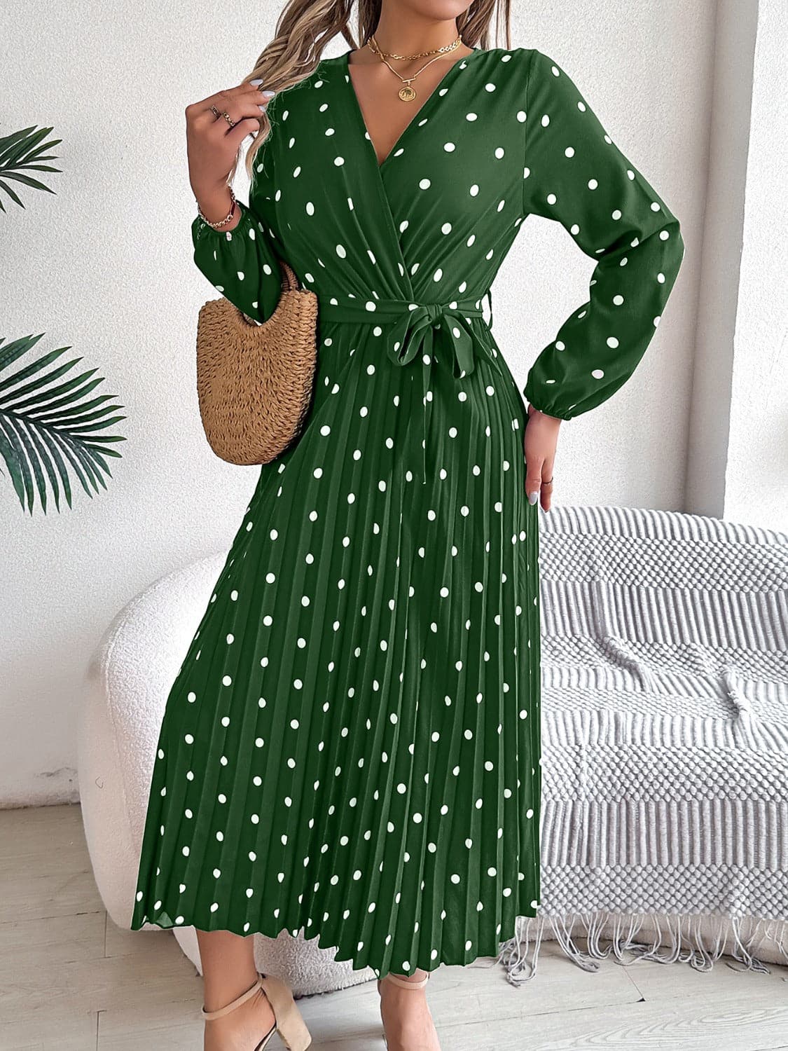 Tied Polka Dot Long Sleeve Midi Dress.