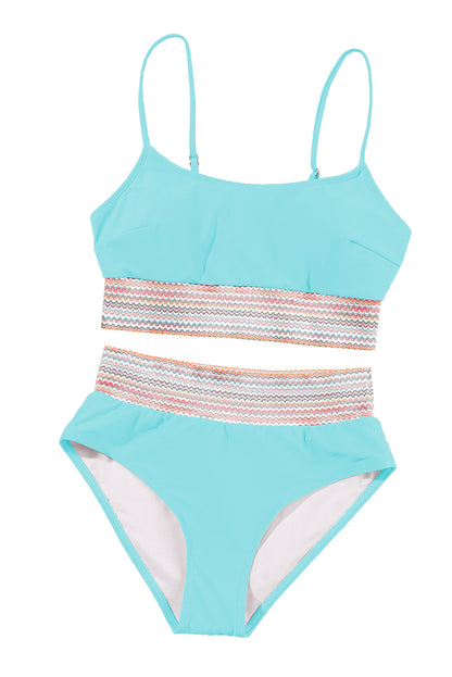 Chic sky blue high waist bikini with striped patchwork design