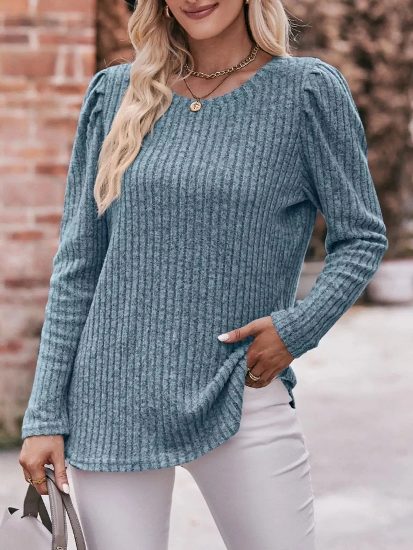 Ribbed Knit Puff Sleeve T-Shirt Simply Love