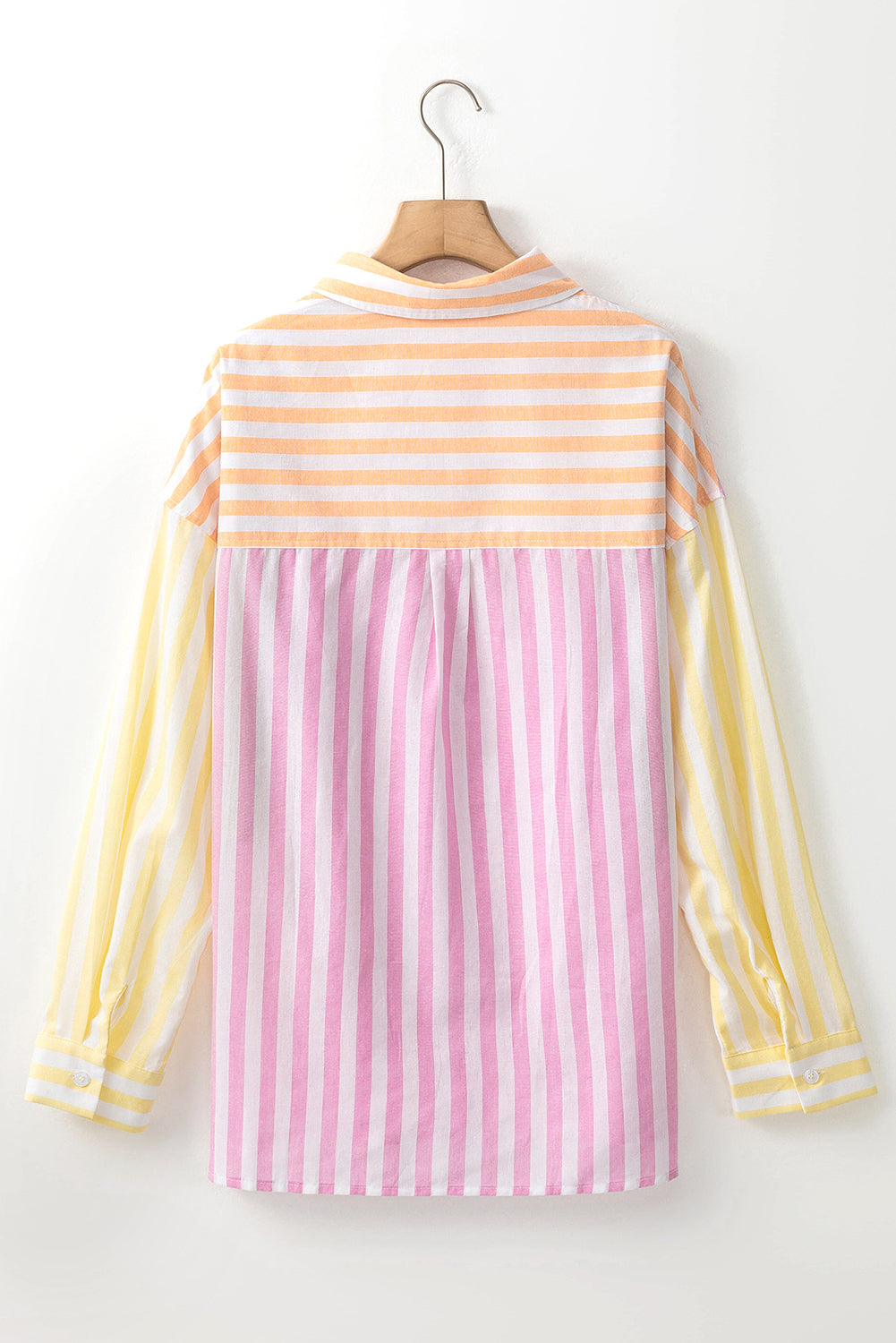 Pink striped patchwork shirt with contrast collar and long sleeves