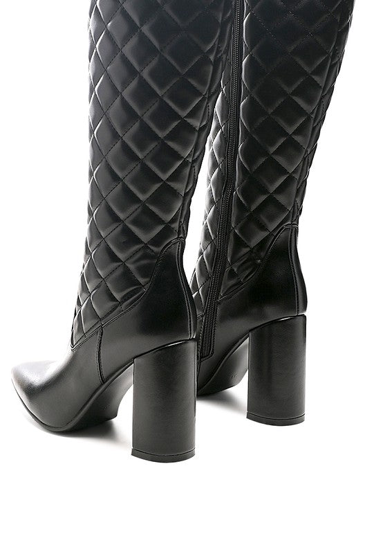 Quilted knee-high block heel boots