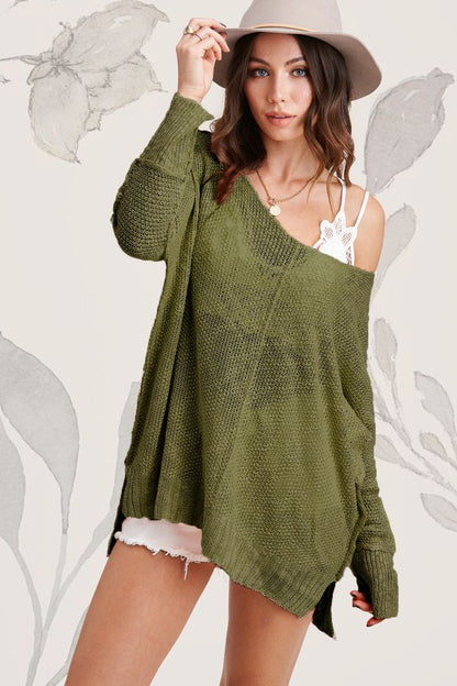 Cozy v-neck oversized sweater with drop shoulders