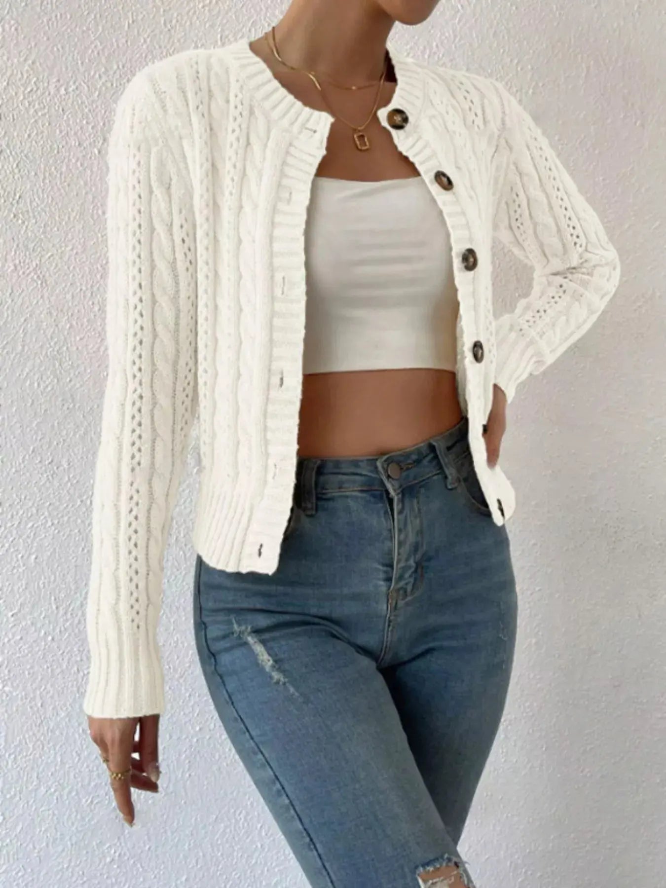 Cable Knit Button-Up Cardigan Simply Love