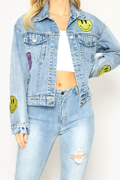 Smiley Vibes Only: Embroidered Denim Jacket