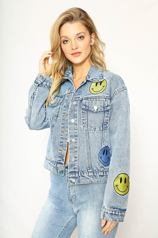 Smiley Vibes Only: Embroidered Denim Jacket
