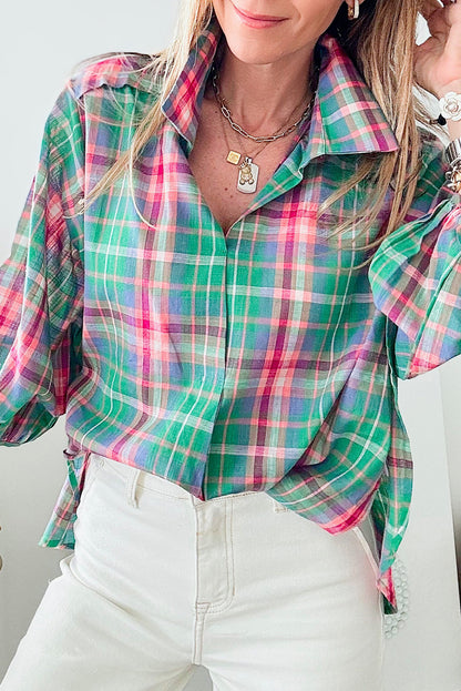 Casual green plaid 3/4 sleeve button-up shirt