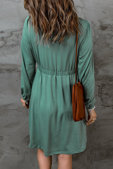 Green Button Up High Waist Long Sleeve Dress