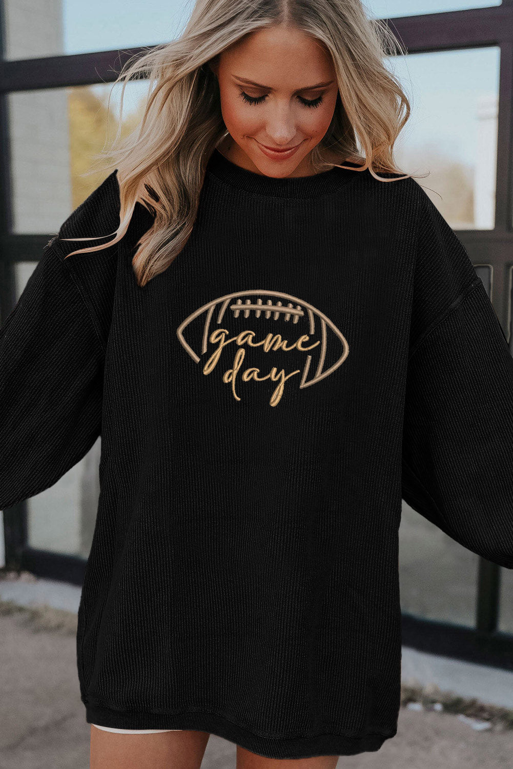 Premium Black Rugby Game Day Embroidered Corduroy Sweatshirt