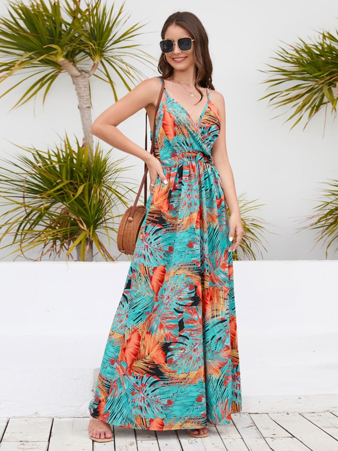 Printed Surplice Spaghetti Strap Dress.