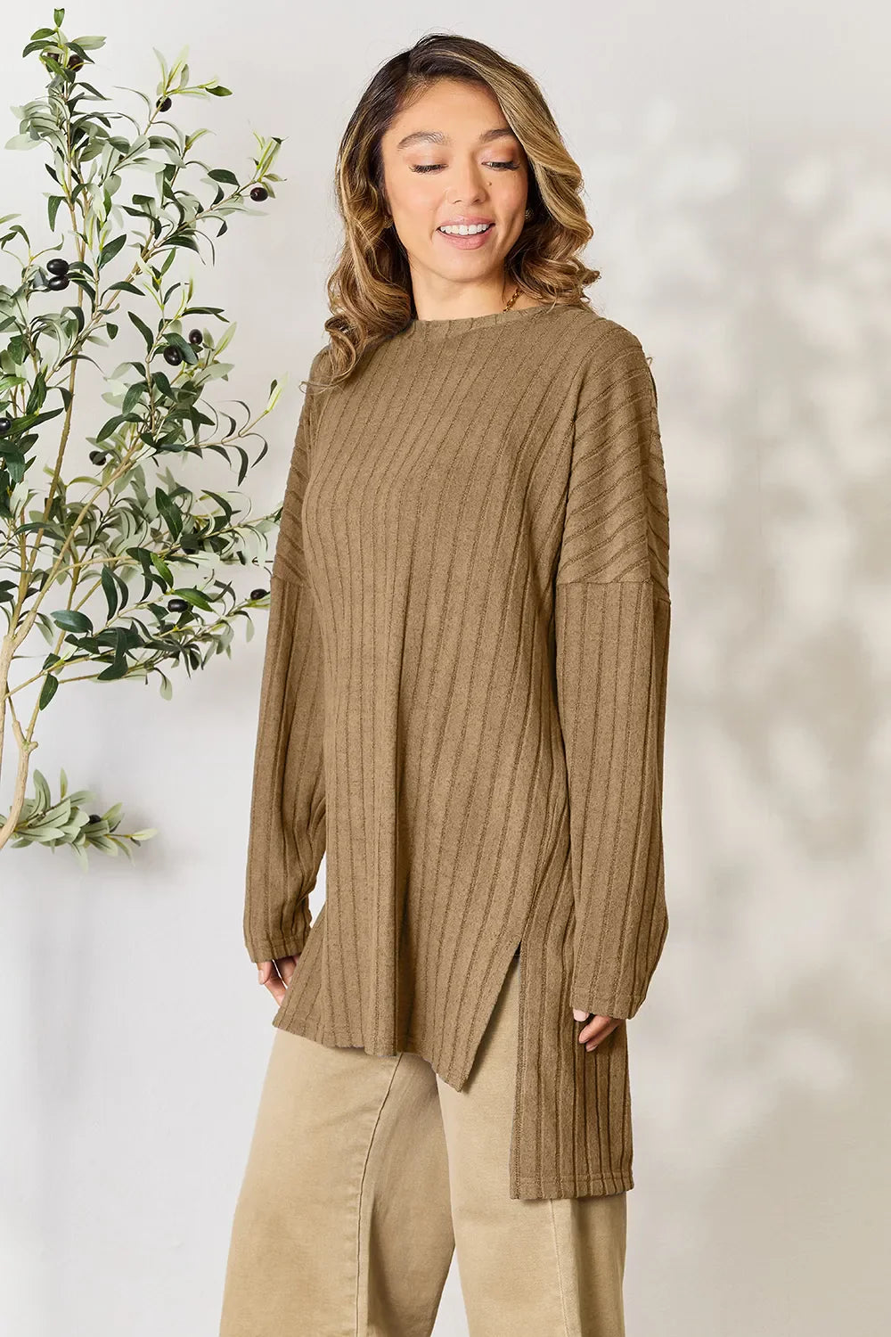 Basic Bae Full Size Ribbed Round Neck Long Sleeve Slit Top - Love Salve