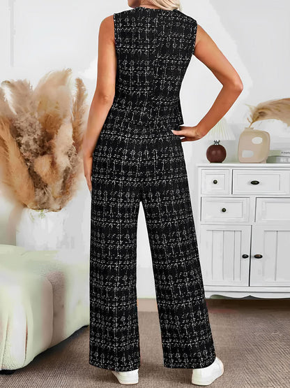 Plaid V-Neck Button Up Vest and Pants Set