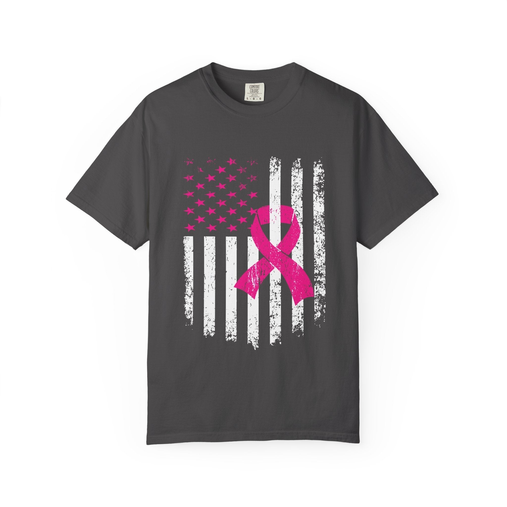 Unisex Breast Cancer Awareness Flag Tee With Distressed US Flag And Pink Ribbon Garment Dyed In Graphite Or Black Coco’s Tee Boutique