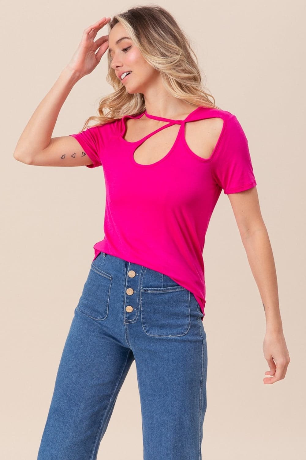 BiBi Cutout Asymmetrical Neck Short Sleeve T-Shirt.